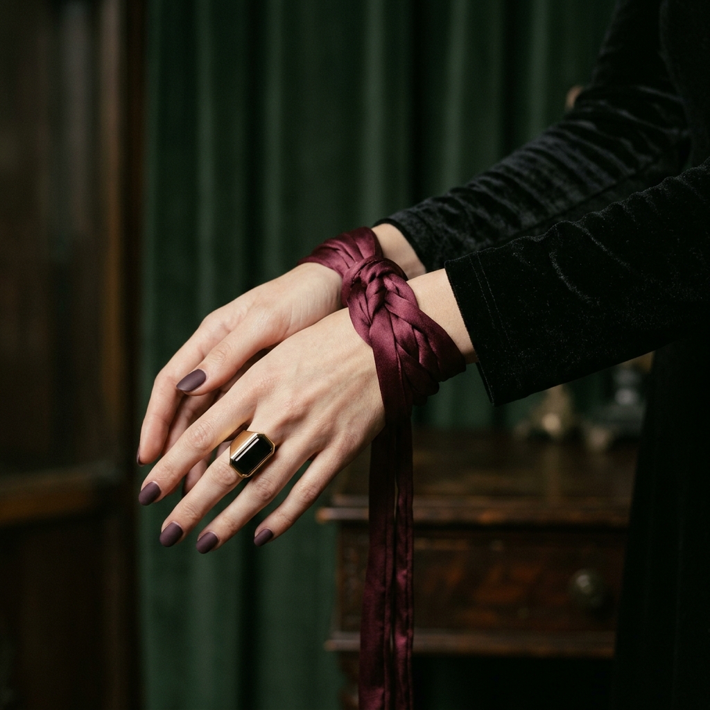 Escena adulta sugerida de rol y confianza con vestuario oscuro