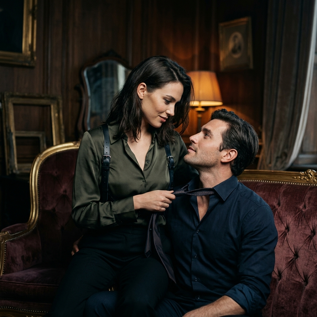 Pareja adulta con vestuario de cuero en una escena editorial de confianza